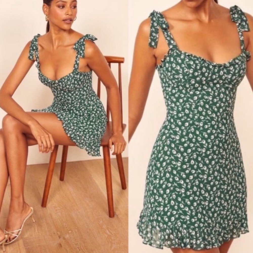 Reformation 10 Mini Dress Christine Susanna Green Floral Tie Shoulder Ruffle Hem